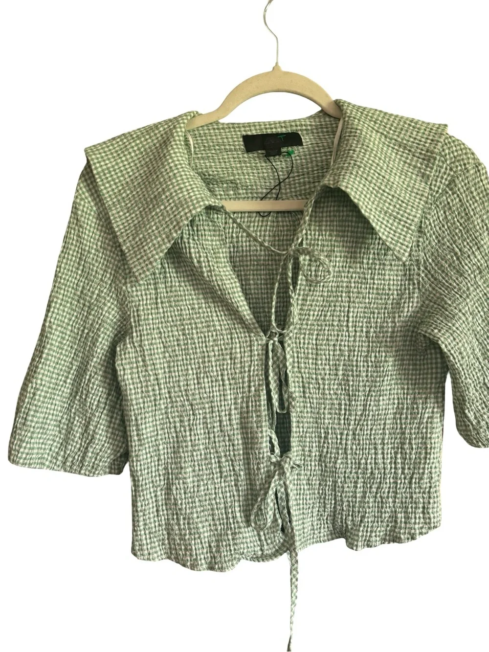 ZARA Sage Green Gingham Tie Front Milkmaid Top Cottagecore medium